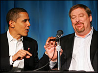 Barack Obama and Rick Warren speak before a press conference at the 2006 Global Summit on AIDS