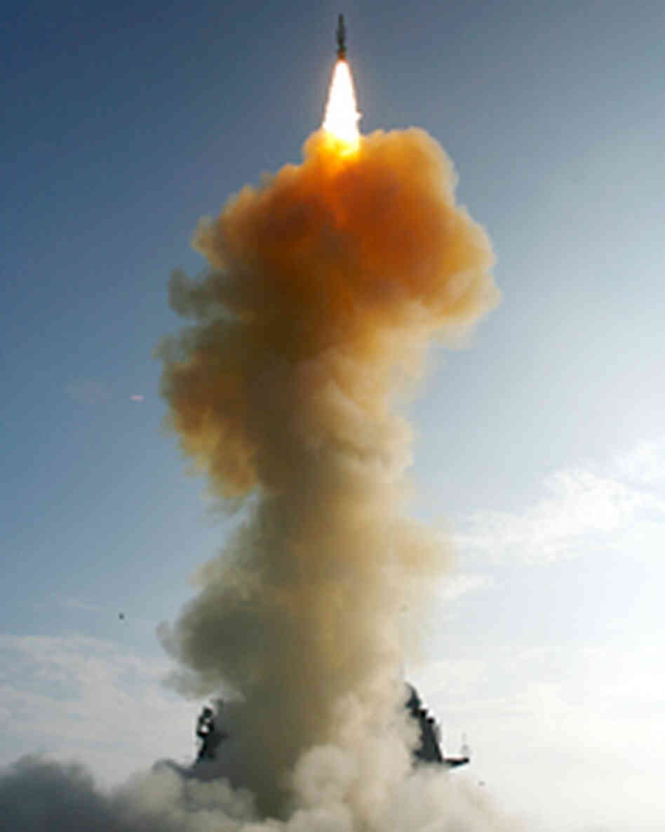 A handout image provided by the U.S. Navy shows the USS Lake Erie launching a Standard Missile-3.