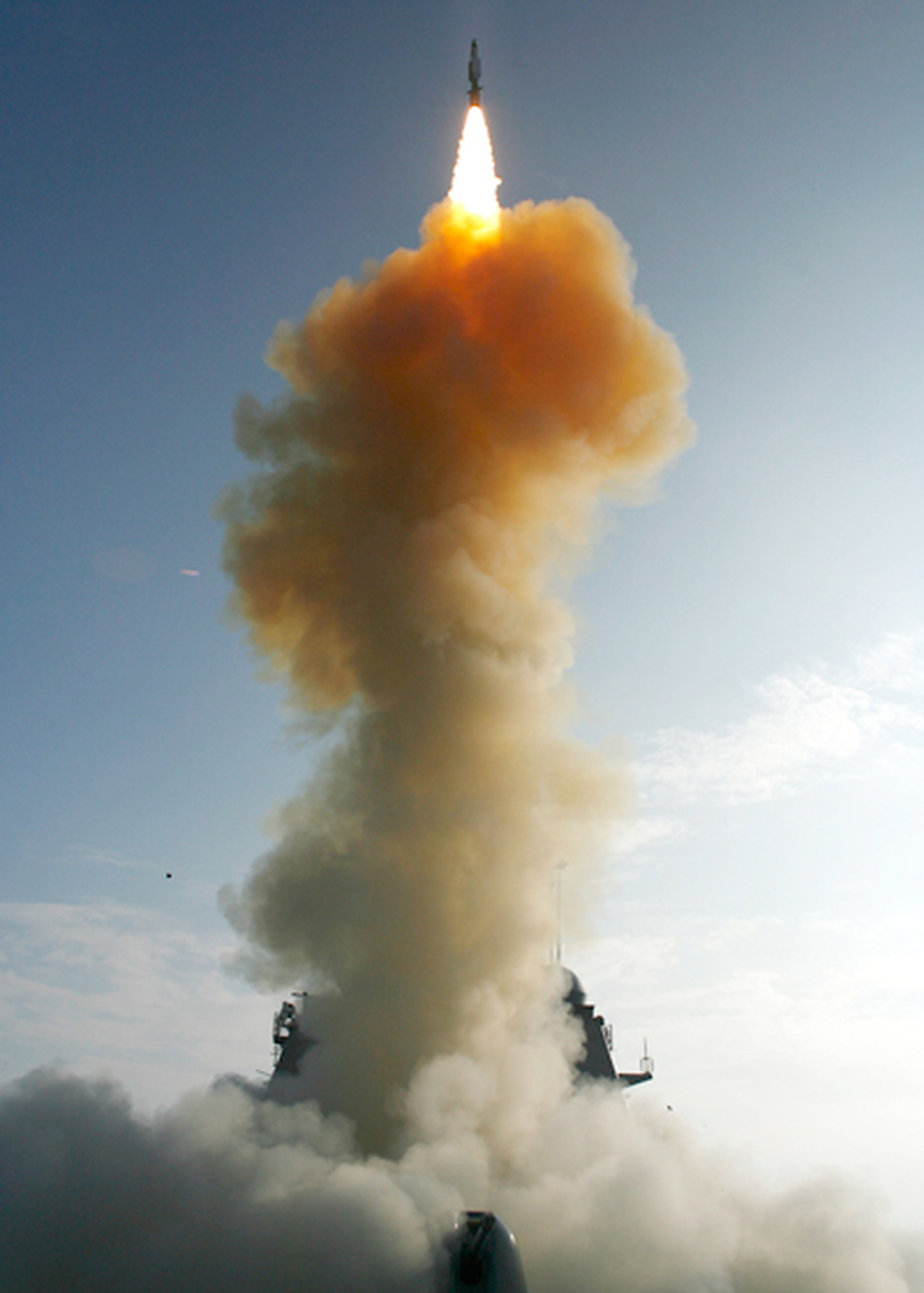 A handout image provided by the U.S. Navy shows the USS Lake Erie launching a Standard Missile-3.
