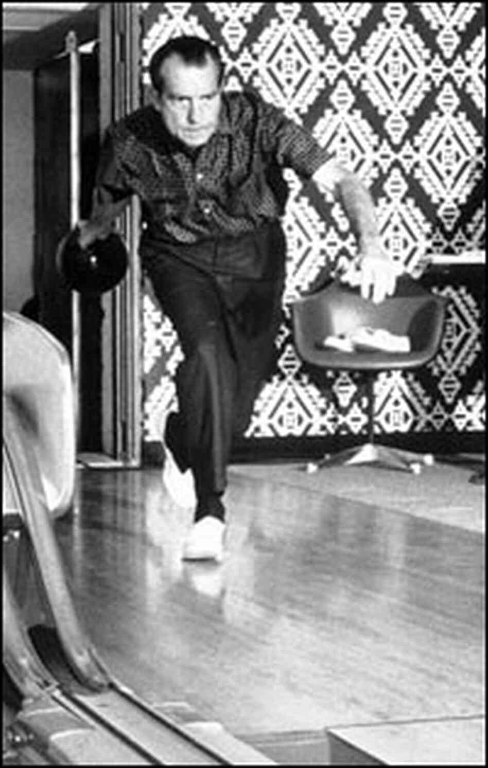 President Nixon bowls at the White House.