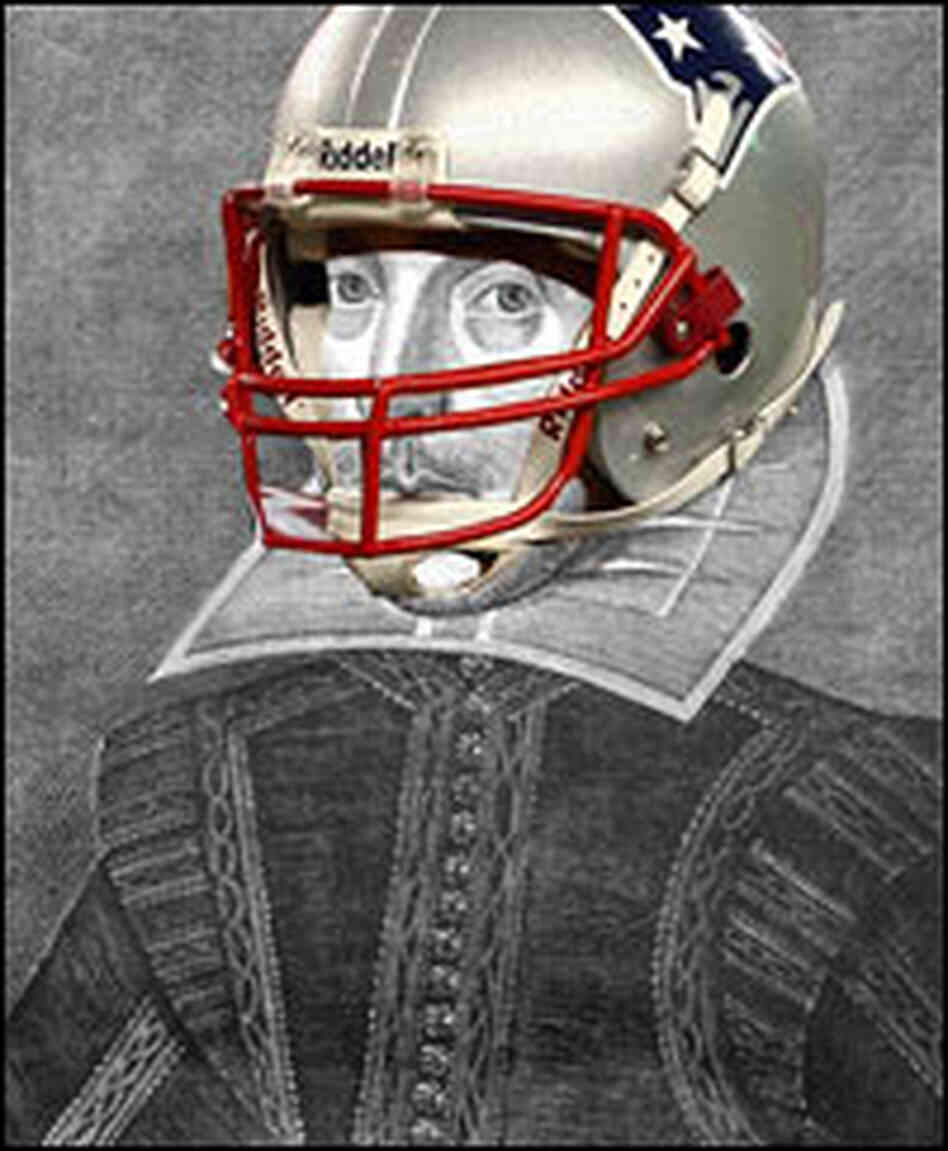 William Shakespeare in a New England Patriots helmet.