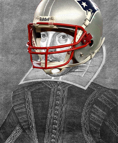 William Shakespeare in a New England Patriots helmet.