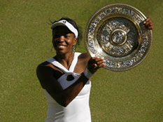 Venus Williams  celebrates after beating her sister Serena 7-5, 6-4, in the Women's Singles Final during the 2008 Wimbledon Championships in London, on Saturday. Credit: GLYN KIRK/AFP/Getty Images