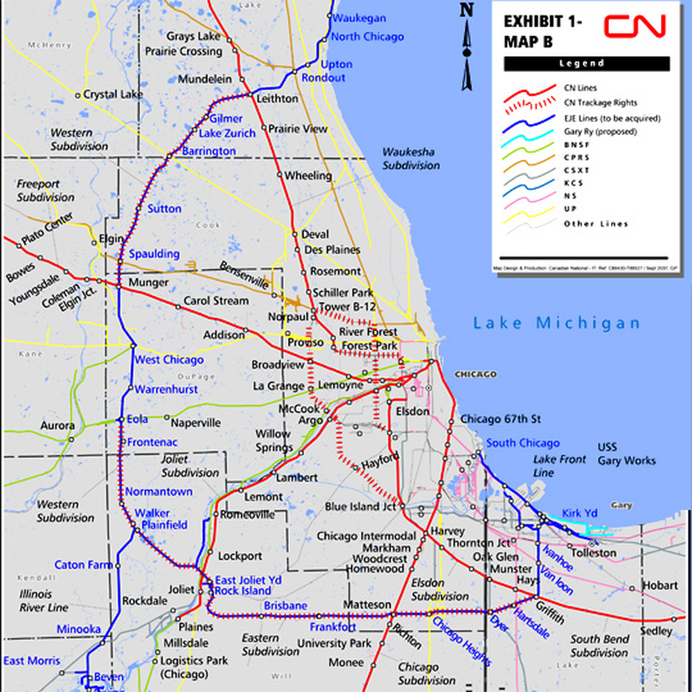 Map depicting the Canadian National's proposed bypass route around Chicago's train lines.