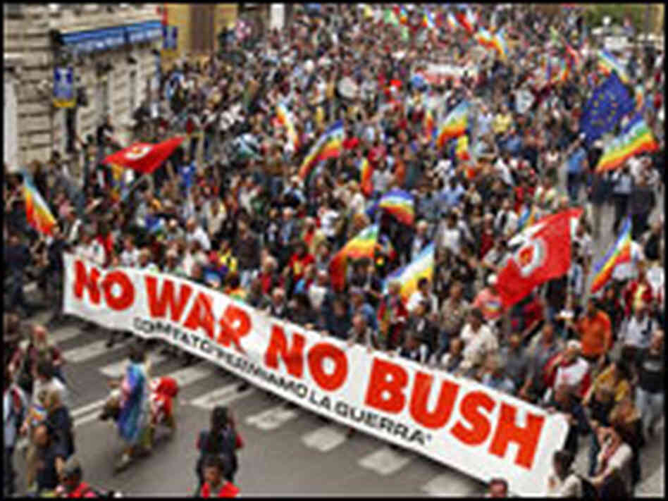 Crowds in Rome demonstrate against the Iraq war and President Bush in June 2004.