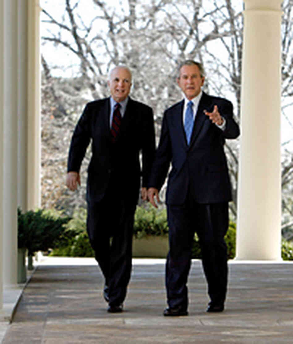 President Bush and Sen. John McCain walk from the Oval Office to the Rose Garden. President Bush and Sen. John McCain walk from the Oval Office to the Rose Garden.