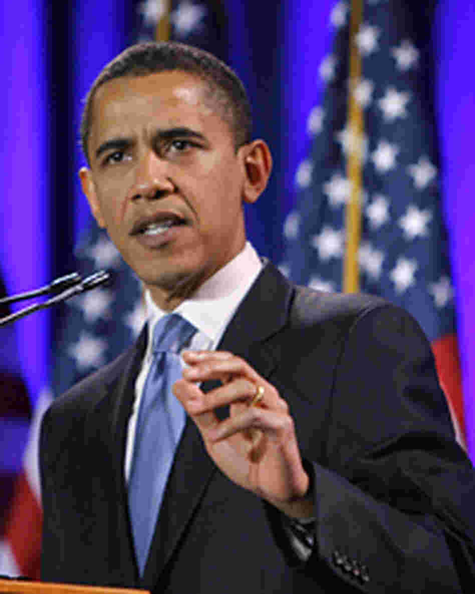 Sen. Barack Obama (D-IL) speaks in Philadelphia, where he condemned "profoundly distorted" sermons.