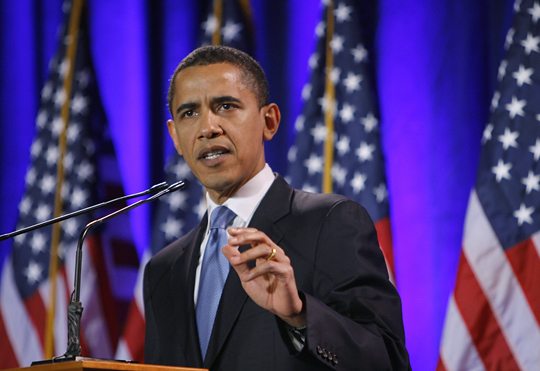 Sen. Barack Obama (D-IL) speaks in Philadelphia, where he condemned "profoundly distorted" sermons.
