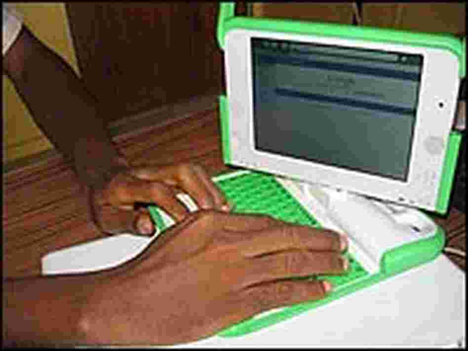 Green and white XO laptops