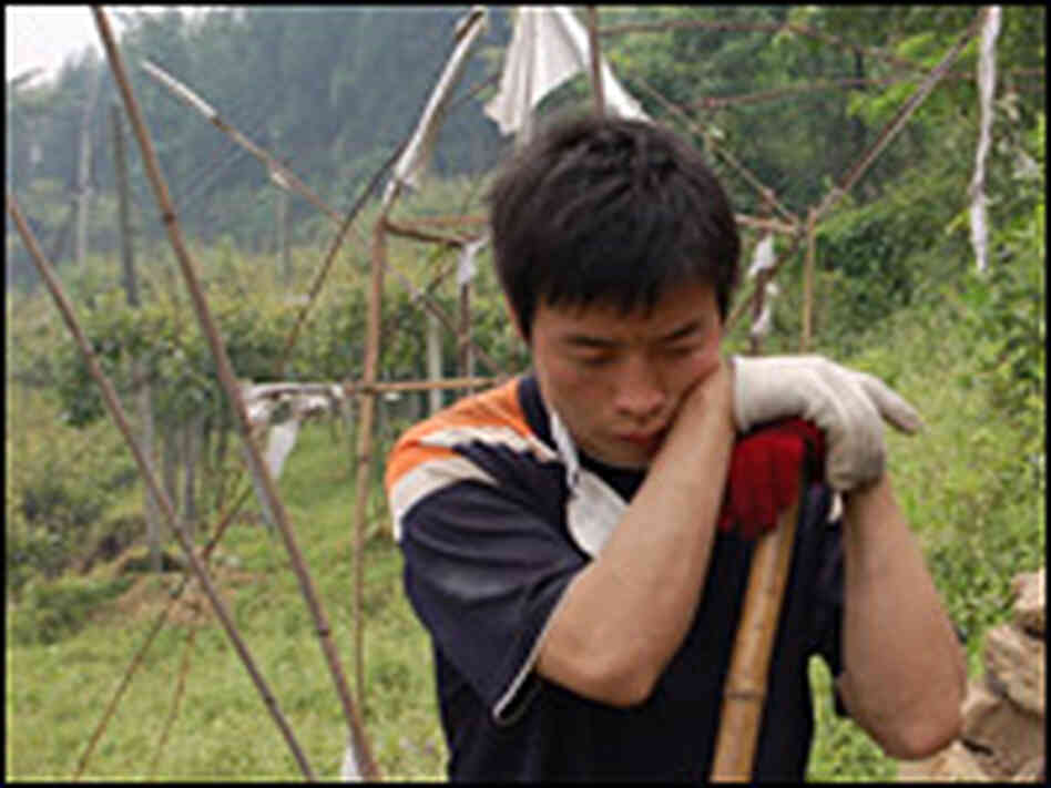 Ma Jian pauses as he digs a grave for his grandmother’s body. Ma Jian pauses as he digs a grave for his grandmother’s body.