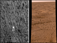 A split-screen image shows the Phoenix module dropping toward the surface of Mars (left). At right,