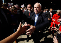 Sen. John McCain greets supporters after addressing a campaign rally on Nov. 3, 2008, in Blountville, Tenn. With less than 24 hours before Election Day, McCain is barnstorming through the all-important swing states of Florida, Pennsylvania, Indiana, New Mexico and Nevada before heading home to Arizona.