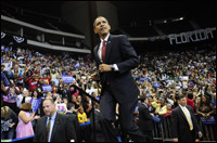 Sen. Barack Obama arrives during a rally in Jacksonville, Fla., on Nov. 3, 2008.