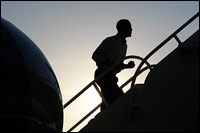 Sen. Barack Obama walks up the ramp to his plane at Pueblo Memorial Airport on Nov. 1 in Pueblo, Colo.