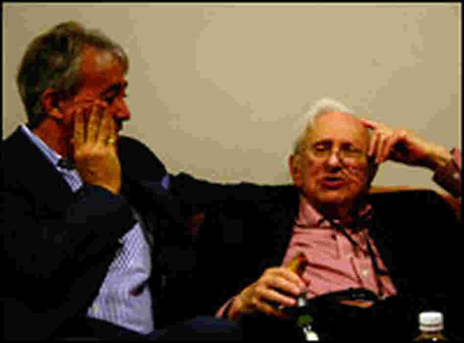 Scott Simon (left) chats with Studs Terkel during a visit in October 2005.