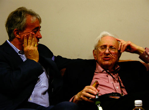 Scott Simon (left) chats with Studs Terkel during a visit in October 2005.