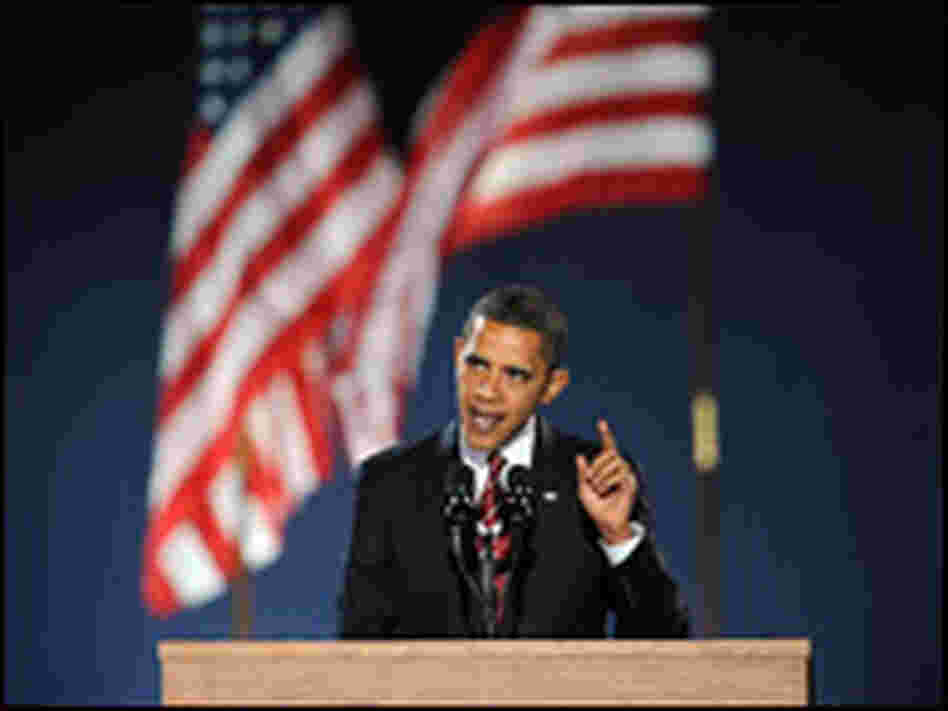 President-elect Barack Obama addresses supporters during his victory rally at Chicago's Grant Park.