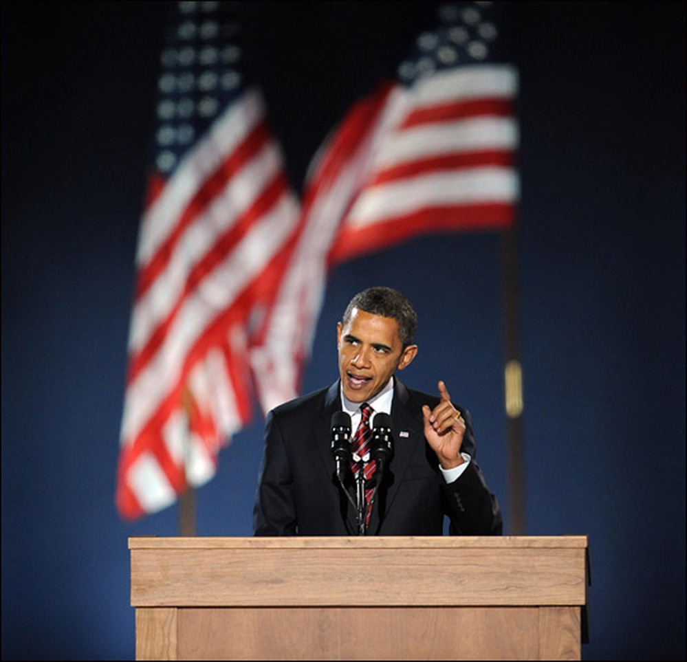 President-elect Barack Obama addresses supporters during his victory rally at Chicago's Grant Park.
