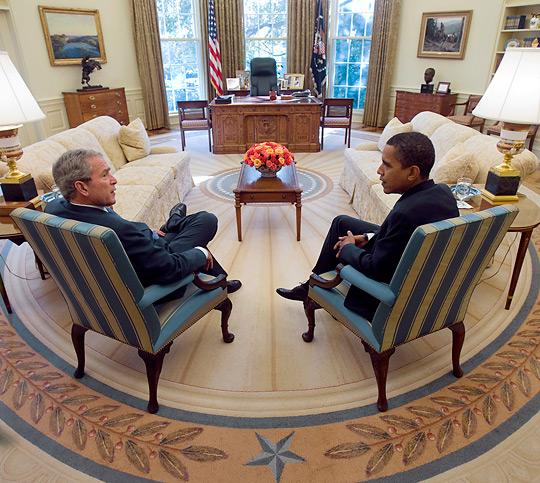 President Bush and President-elect Barack Obama meet in the Oval Office of the White House.