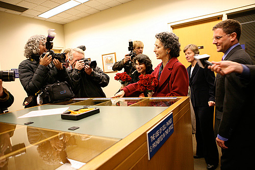 The Levine-Rittermans enter the clerk's office.