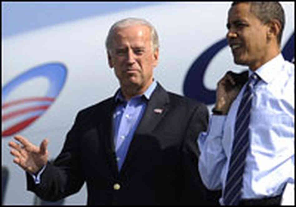 Democratic vice presidential candidate Joe Biden and his running mate, Barack Obama in Detroit.