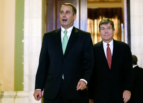 House Minority Leader John Boehner and Minority Whip Roy Blunt emerge from a meeting.