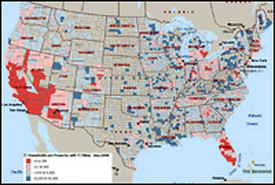 A RealtyTrac map from August 2008 shows the limits of its reporting on American foreclosures.