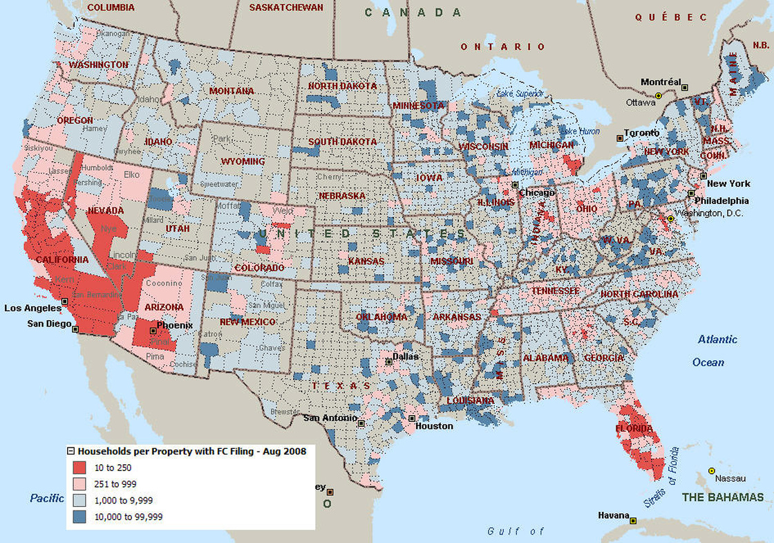 A RealtyTrac map from August 2008 shows the limits of its reporting on American foreclosures.