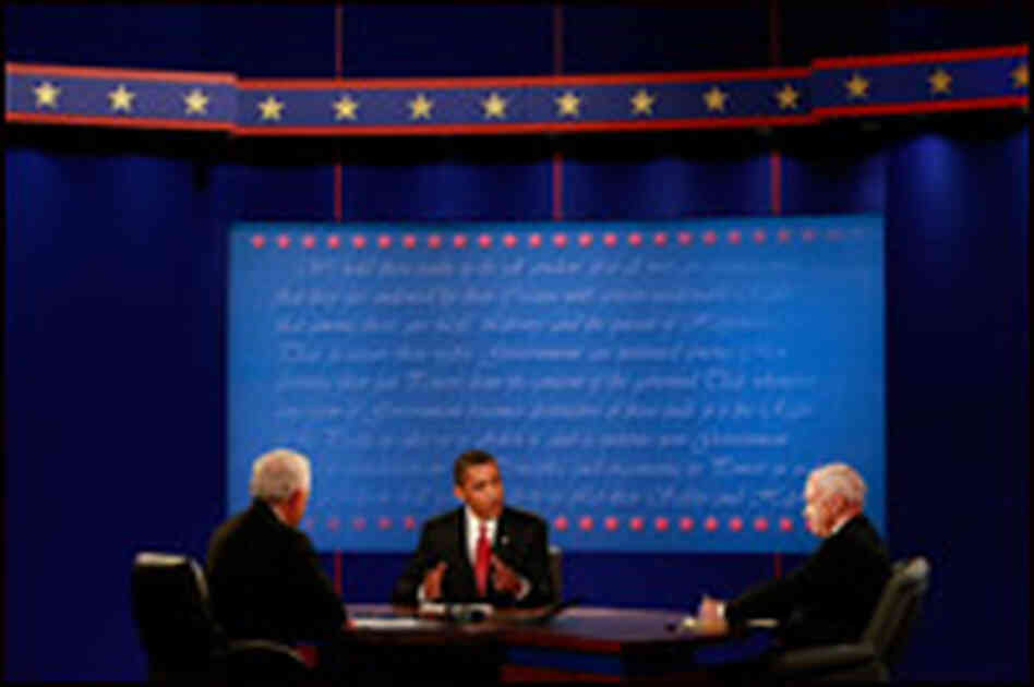 McCain and Obama onstage during the debate.
