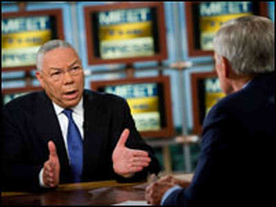 Former Secretary of State Colin Powell speaks to Tom Brokaw during a taping of Meet the Pr Former Secretary of State Colin Powell speaks to Tom Brokaw during a taping of Meet the Pr