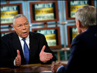 Former Secretary of State Colin Powell speaks to Tom Brokaw during a taping of <em>Meet the Press</em> Sunday in Washington.