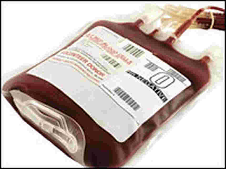 A bag of donor blood. A bag of donor blood.