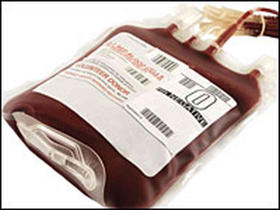 A bag of donor blood. A bag of donor blood.