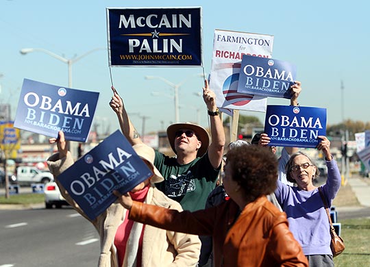 Obama supporters surround a McCain supporter in N.M.  Friday. Credit: Lindsay Pierce/The Daily Times