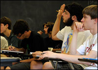 Diehl answers a question in calculus class on the first day of his classes.