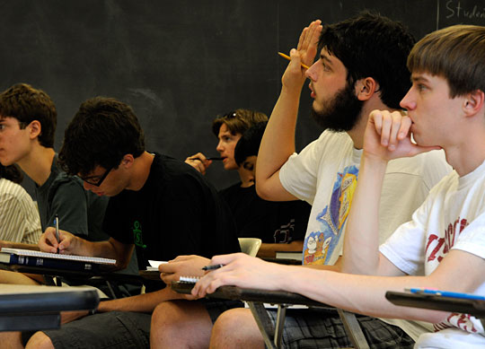 Diehl answers a question in calculus class on the first day of his classes.