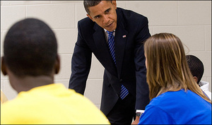 Barack Obama sees huge crowds, too, but here he's working the kind of smaller room (a classroom in Norfolk, Va.) in which he began his career as a political organizer.