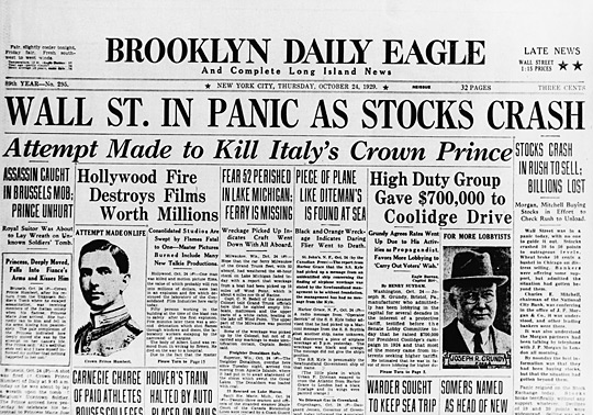 The front page of the Brooklyn Daily Eagle following the stock market crash of 1929.