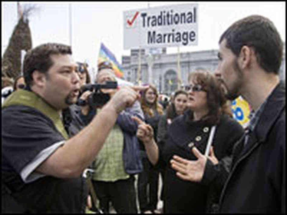 Two men argue about Proposition 8 in front of the California Supreme Court.