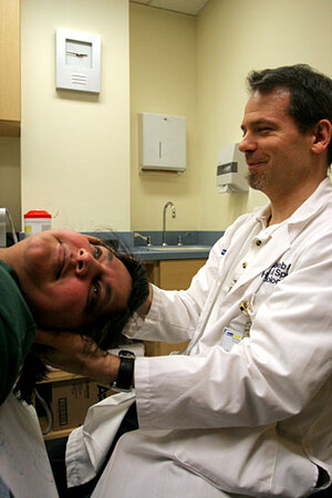 As the head changes position during treatment, the ear rocks roll out of the semicircular canals and back into place.