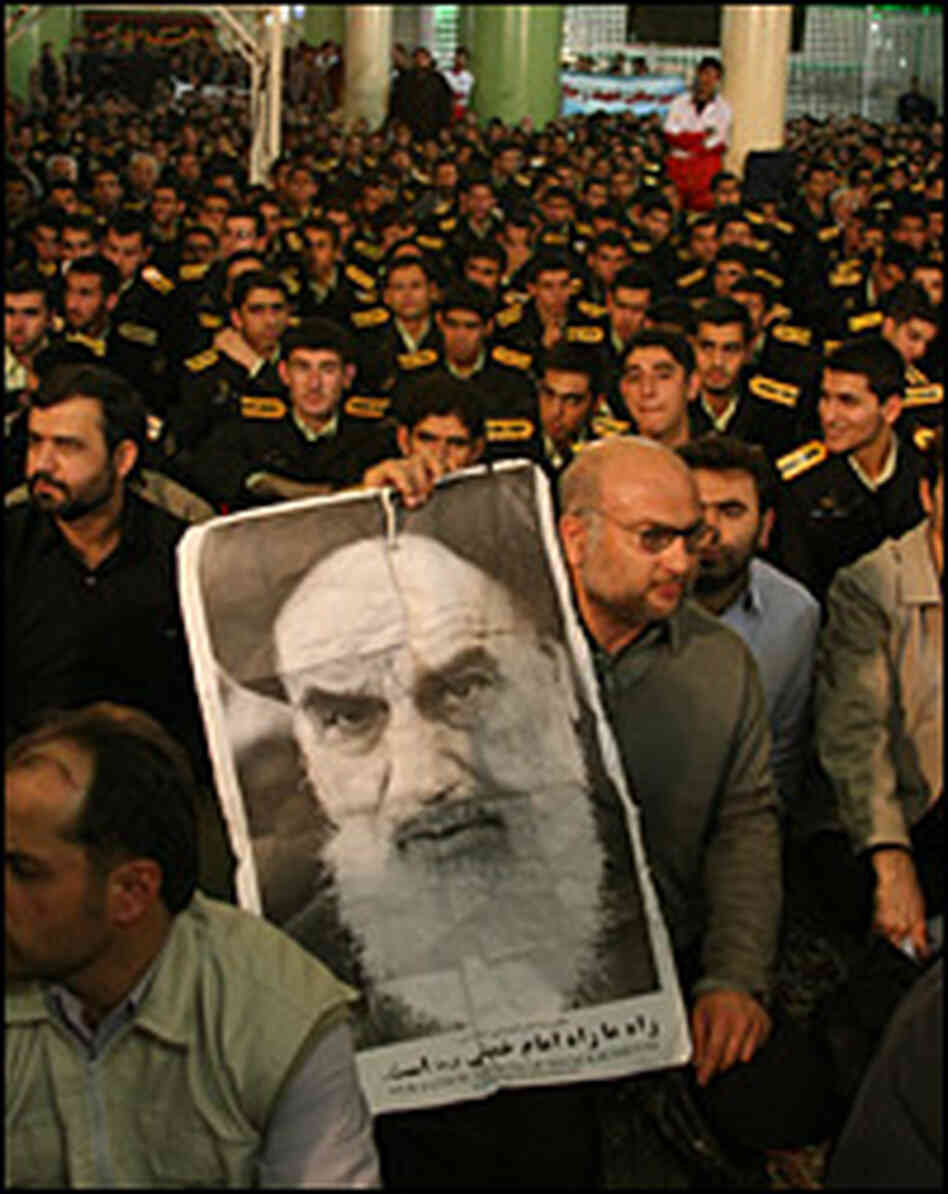 Iranian security forces gather for a celebration of the 30th anniversary of the Islamic Revolution.