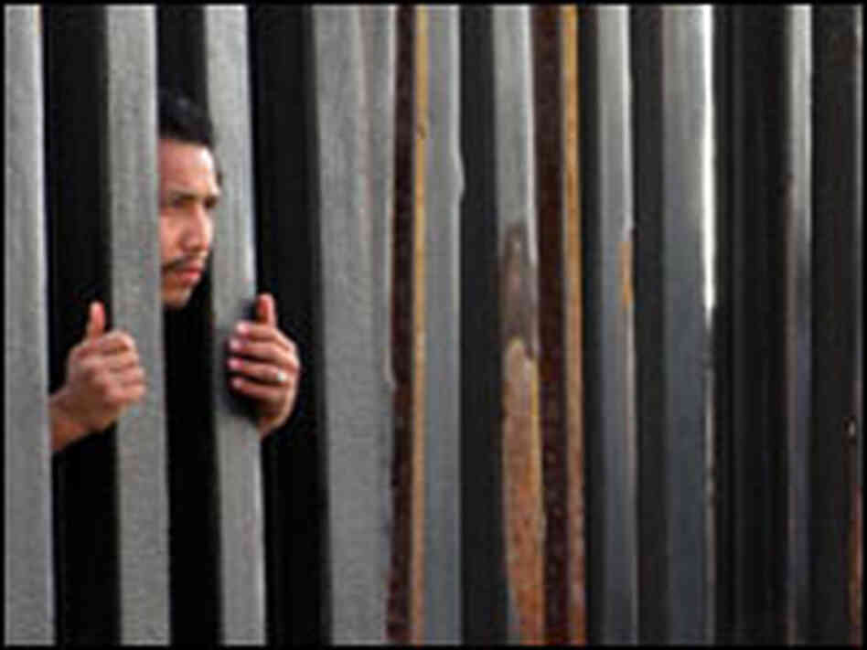 A man peers through the fence at the site where Friendship Park once was.