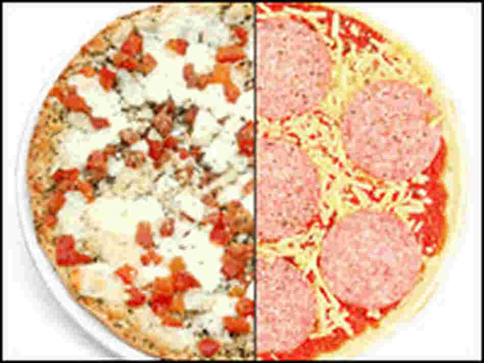 Two halves of frozen pizza, one with meat and one without