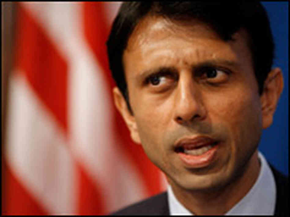 Louisiana Gov. Bobby Jindal prepares to address the National Press Club in May 2008.