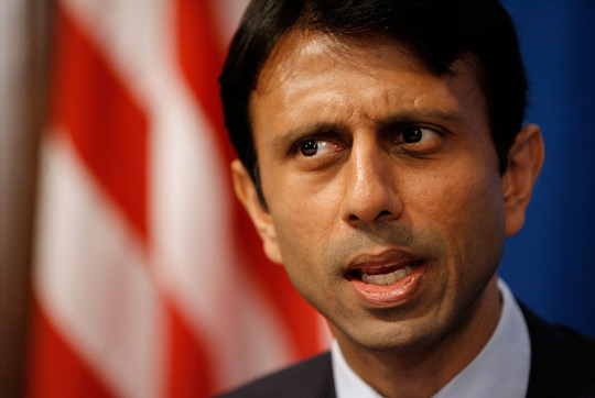 Louisiana Gov. Bobby Jindal prepares to address the National Press Club in May 2008.