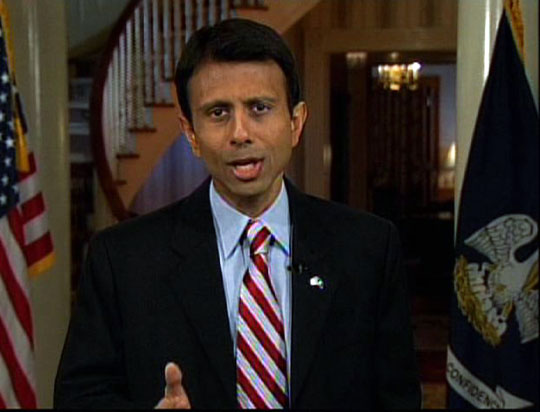 Louisiana Gov. Bobby Jindal delivers the Republican response to Obama's address in Baton Rouge. AP