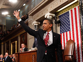 President Barack Obama waves after his address to a joint session of Congress in the House Chamber of the Capitol in Washington, Tuesday, Feb. 24, 2009.  Credit: Pablo Martinez Monsivais/AP