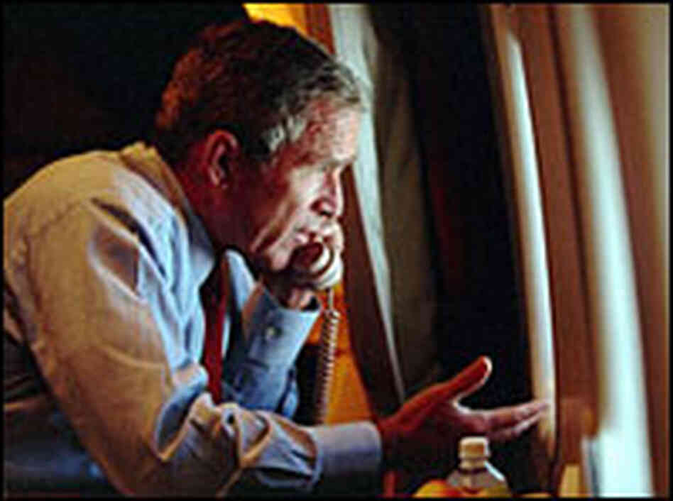President Bush speaks to Vice President Dick Cheney by phone aboard Air Force One on Sept. 11, 2001. President Bush speaks to Vice President Dick Cheney by phone aboard Air Force One on Sept. 11, 2001.