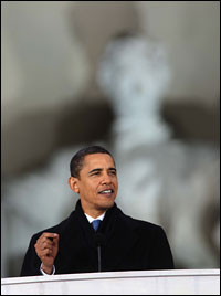 President-elect Barack Obama speaks at Sunday's inaugural celebration at the Lincoln Memorial.