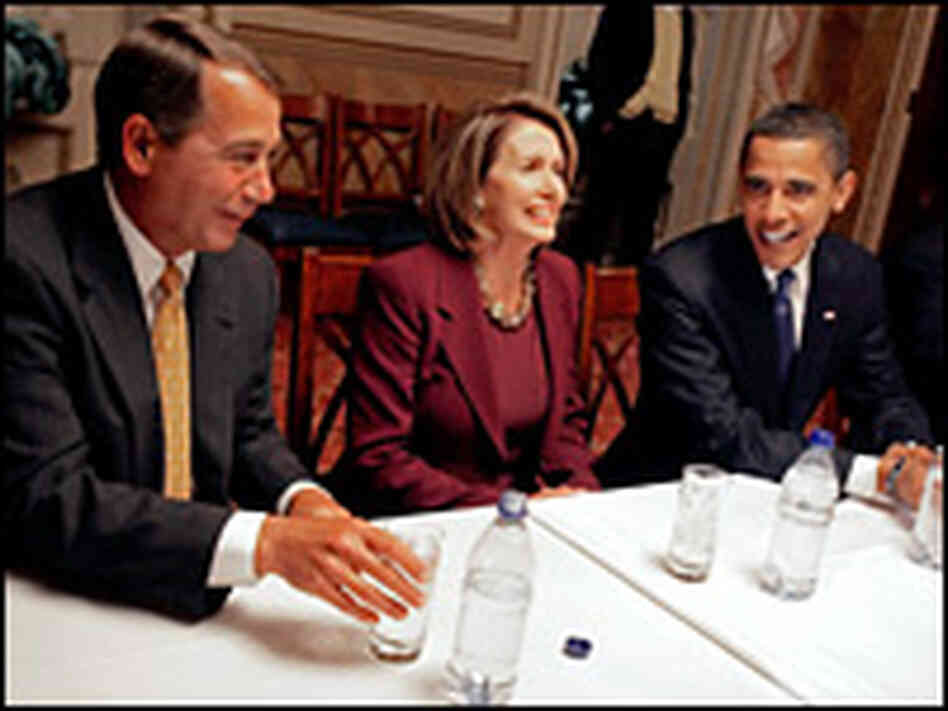 House Minority Leader John Boehner with House Speaker Nancy Pelosi and Barack Obama